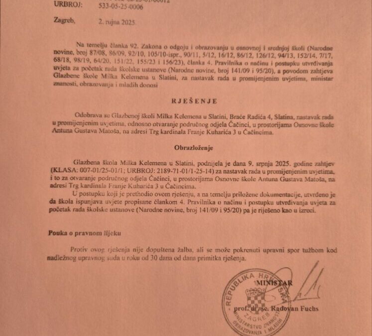 OTVARANJE PODRUČNOG ODJELA U ČAČINCI (Rješenje)